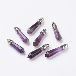 Honeyhandy Natural Amethyst Pointed Pendants, with Platinum Tone Alloy Findings, Bullet, 33~40x8~9x8~9mm, Hole: 3x4mm