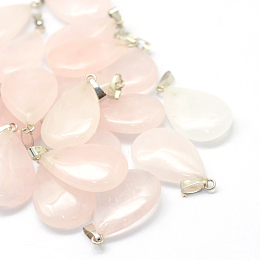 Honeyhandy Teardrop Natural Rose Quartz Pendants, with Platinum Tone Brass Findings, 25~29x16~17x5~6mm, Hole: 2x7mm