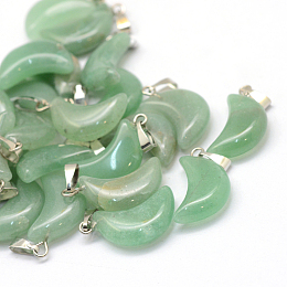 Honeyhandy Moon Natural Green Aventurine Pendants, with Platinum Tone Brass Findings, 21~24x12~14x5~6mm, Hole: 2x7mm