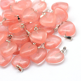 Honeyhandy Heart Dyed Cherry Quartz Glass Pendants, with Platinum Tone Brass Findings, 17~19x15~16x5~8mm, Hole: 2x7mm