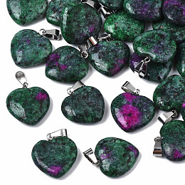 Honeyhandy Heart Natural Zoisite Pendants, with Platinum Tone Brass Findings, 20~22x20~21x5~8mm, Hole: 2x7mm