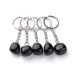 Honeyhandy Natural Obsidian Keychain, with Iron Findings, Platinum, 85~94mm