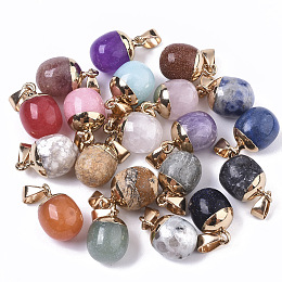 Honeyhandy Top Golden Plated Natural & Synthetic Mixed Gemstone Pendants, with Iron Snap on Bails & Loop, Barrel, Mixed Dyed and Undyed, 17~19x11.5~12.5mm, Hole: 4x6mm