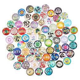 Glass Cabochons, with Self-Adhesive, for DIY Jewelry Making, Half Round with Mixed Patterns, Chakra Theme, 25x6mm