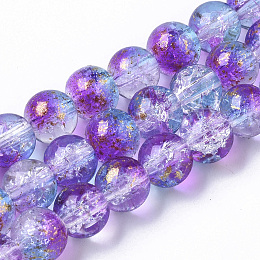 Honeyhandy Transparent Spray Painted Crackle Glass Bead Strands, with Golden Foil, Round, Medium Orchid, 8~9mm, Hole: 1.2~1.5mm, about 46~56pcs/Strand, 14.37 inch~16.3 inch(36.5~41.4cm)