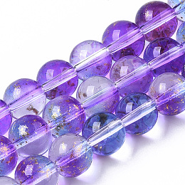 Honeyhandy Transparent Spray Painted Glass Bead Strands, with Golden Foil, Round, Blue Violet, 8~9mm, Hole: 1.2~1.5mm, about 46~56pcs/Strand, 14.37 inch~16.3 inch(36.5~41.4cm)