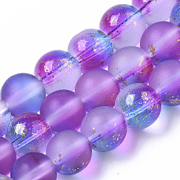 Honeyhandy Frosted Spray Painted Glass Beads Strands, with Golden Foil, Round, Blue Violet, 8~9mm, Hole: 1.2~1.5mm, about 46~56pcs/Strand, 14.37 inch~16.3 inch(36.5~41.4cm)