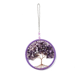 Wire Wrapped Chips Natural Amethyst Big Pendant Decorations, with Iron Chains and Imitation Leather Rope, Flat Round with Tree of Life, 245mm