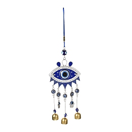 Honeyhandy Car Hanging Alloy Enamel Wind Chime, with Resin Beads, Polyester Cord, Iron Bell, Evil Eye with Hamsa Hand, Platinum & Golden, 350mm