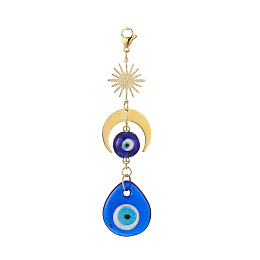 Honeyhandy Handmade Evil Eye Lampwork Pendant Decorations, Sun and Moon Charm Decoration, Teardrop Pattern, 122mm, Pendant: 105x29.5x5.5mm