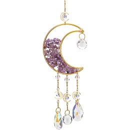 BENECREAT Crescent Moon Crystal Suncatcher with Natural Amethyst Beads, Window Hanging Prism Ornaments Crystal Glass Suncatcher for Home Garden Office Decoration, Purple