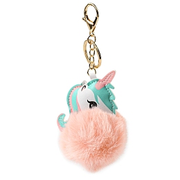 Honeyhandy Imitation Rex Rabbit Fur Ball & PU Leather Unicorn Pendant Keychain, with Alloy Clasp, for Bag Car Pendant Decoration, Light Salmon, 17.5cm