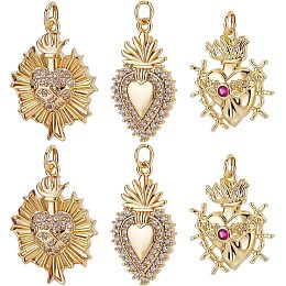 Beebeecraft 6Pcs/Box 3 Style Sacred Heart Charms 18K Gold Plated Brass Valentine's Day Heart Charms with Cubic Zirconia for Mother's Day DIY Necklace Bracelet