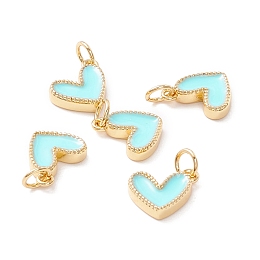 Honeyhandy Rack Plating Brass Enamel Charms, with Jump Ring, Cadmium Free & Nickel Free & Lead Free, Real 18K Gold Long-Lasting Plated, Heart, Aqua, 9x7x2mm, Hole: 2.5mm