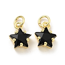 Honeyhandy Eco-friendly Brass Micro Pave Cubic Zirconia Pendants, with Jump Ring, Cadmium Free & Lead Free, Real 18K Gold Plated, Star, Black, 11x8.5x5mm, Hole: 3.2mm