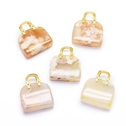 Honeyhandy Natural Cherry Blossom Agate Brass Pendants, Golden, Bag, 27~29x24~26x9~13mm, Hole: 6mm