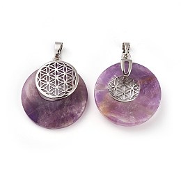 Honeyhandy Natural Amethyst Pendants, Spiritual Charms, with Platinum Tone Brass Findings, Flat Round with Flower of Life/Sacred Geometry, 32~32.5x28x7~7.5mm, Hole: 5x8mm