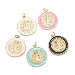 Honeyhandy Brass Enamel Pendants, Real 18K Gold Plated, Long-Lasting Plated, Saint Benedict Medal Charms, Golden, Mixed Color, 23.5x20.5x2mm, Hole: 3mm, Jump Ring: 5x0.8mm