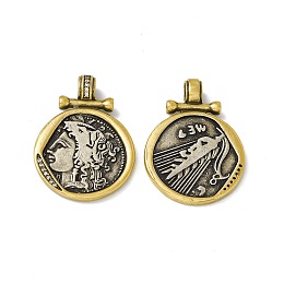 Honeyhandy Rack Plating Brass Micro Pave Clear Cubic Zirconia Pendants, Cadmium Free & Lead Free & Nickle Free, Flat Round with Greece Coin Charm, Antique Silver & Antique Golden, 31x22.5x5.5mm, Hole: 4.5x3mm