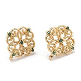 Honeyhandy Brass Stud Earring Findings, with Cubic Zirconia and Loop, Real 18K Gold Plated, Flower, Green, 13.5x12mm, Hole: 0.8mm, Pin: 0.8mm