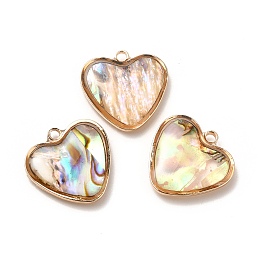 Brass Enamel Pendants, Imitation Abalone Shell, Real 14K Gold Plated, Cadmium Free & Lead Free, Heart, 15x15.5x3.5~4.5mm, Hole: 1.5mm