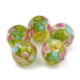 Honeyhandy Round Lampwork Beads, Plum Flower Petal Pattern, with Hole, Light Green, 12mm, Hole: 1.8mm