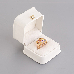 Honeyhandy PU Leather Ring Gift Boxes, with Golden Plated Iron Crown and Velvet Inside, for Wedding, Jewelry Storage Case, White, 5.85x5.8x4.9cm