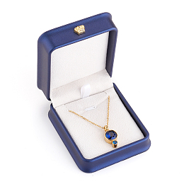 Honeyhandy PU Leather Necklace Pendant Gift Boxes, with Golden Plated Iron Crown and Velvet Inside, for Wedding, Jewelry Storage Case, Blue, 8.4x7.2x4cm