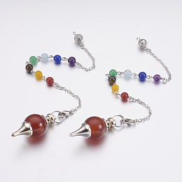 Honeyhandy Natural Carnelian Dowsing Pendulum Pendants, with Mixed Stone and Brass Findings, Chakra, Round, Platinum, 240~245mm