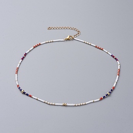 Honeyhandy Seed Beaded Necklaces, with Golden Plated Brass Curb Chains, Brass Round Beads and 304 Stainless Steel Lobster Claw Clasps, White, 16.14 inch~16.73 inch(41~42.5cm)