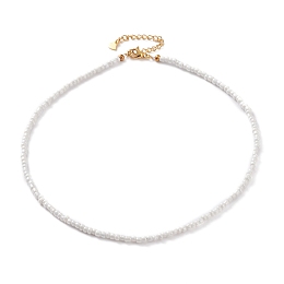 Honeyhandy Round Glass Seed Beaded Necklaces, with Brass Crimp Beads and 304 Stainless Steel Lobster Claw Clasps, Golden, White, 14-5/8 inch(37cm)