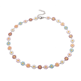 Honeyhandy Enamel Daisy Link Chain Necklace, Vacuum Plating 304 Stainless Steel Jewelry for Women, Stainless Steel Color, Colorful, 16.3 inch(41.5cm)