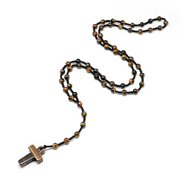 Honeyhandy Natural Tiger Eye Pendant Necklaces, with Polyester Braided Rope, Cross, (730~750mm)28.74 inch~29.53 inch