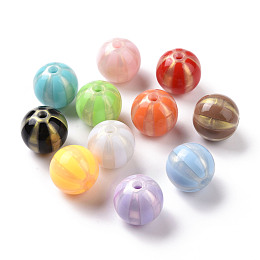 Honeyhandy Opaque Acrylic Beads, Glitter Powder, Round with Stripe Pattern, Mixed Color, 15.5x15mm, Hole: 3mm