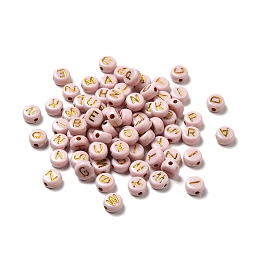 Plating Acrylic Beads, Golden Metal Enlaced, Horizontal Hole, Flat Round with Letter, Letter, 6.5~7x3.5~4mm, Hole: 1.6mm, about 3600g/500g