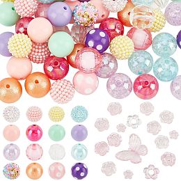 PandaHall Elite 50pcs Bubblegum Beads 20mm Beads 16 Styles Acrylic Beads with 20g Flower Butterfly Beads Large Round Beads for Pen Christmas Jewelry Bracelet Necklace Bag Chain Making