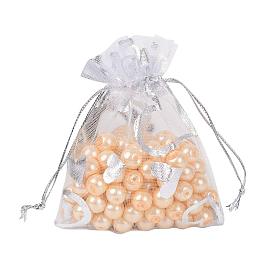 ARRICRAFT 100 PCS 2.7x3.5 Inches Heart Printed White Organza Bags Jewelry Pouch Bags Organza Velvet Drawstring Pouches Wedding Favors Candy Gift Bags