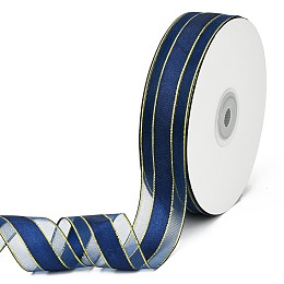 Honeyhandy Solid Color Organza Ribbons, Golden Wired Edge Ribbon, for Party Decoration, Gift Packing, Prussian Blue, 1"(25mm), about 50yard/roll(45.72m/roll)