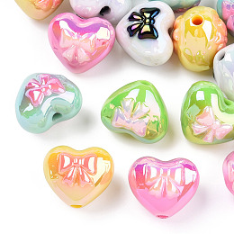 Honeyhandy UV Plated Acrylic Beads, Iridescent, Heart with Bowknot, Mixed Color, 15x17.5x14.5mm, Hole: 2.2mm