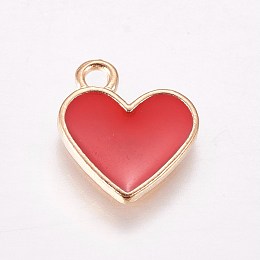 Honeyhandy Alloy Enamel Charms, Heart, Light Gold, Red, 13x11.5x1.6mm, Hole: 1.6mm