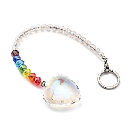 Honeyhandy Chakra Heart Crystal Suncatcher Dowsing Pendulum Pendants, with 304 Stainless Steel Split Key Rings, Glass Beads, Velvet Bag, Stainless Steel Color, Colorful, 23.5cm