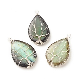 Honeyhandy Natural Crackle Agate Pendants, Dyed, with Silver Tone Eco-Friendly Copper Wire Wrapped, Teardrop with Tree, Green, 49~52x31~32x9~11mm, Hole: 3.2~3.8mm