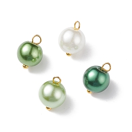 Honeyhandy Glass Pearl Pendants, with Golden Plated Brass Findings, Round, Lime, 11x8.5mm, Hole: 2mm