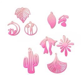 Spray Painted Alloy Charms, Flower & Leaf & Bowknot & Cactus & Moon, Hot Pink, 21~44.5x15~33.5x1~2.5mm, Hole: 1.2~1.5mm, 18pcs/set