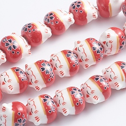 Honeyhandy Handmade Printed Porcelain Beads, Lucky Cat, Red, 14x14x11.5mm, Hole: 2mm, about 25pcs/Strand, 12.20''(31cm)