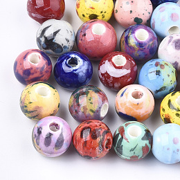 Honeyhandy Handmade Porcelain Beads, Fancy Antique Glazed Porcelain, Round, Mixed Color, 10.5x9.5mm, Hole: 2.5mm