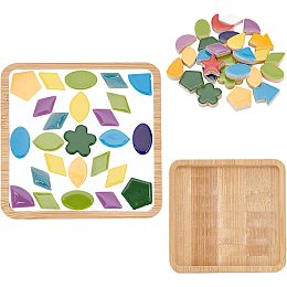 PandaHall Elite Porcelain Mosaic Tiles Mosaic Kit with Wooden Coaster, Mosaic Pieces DIY Crafts Supplies for Coaster Handmade Home Decor Gifts Mosaic Square Supplies