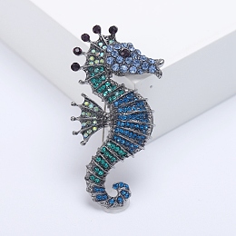 Honeyhandy Alloy Brooches, Rhinestone Pin, Jewely for Women, Sea Horse, Blue, 58x29mm