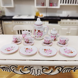 Mini Ceramics Tea Set, including Teapots, Teacups, Dishes, for Dollhouse Accessories, Pretending Prop Decorations, Pearl Pink, 12~26x9~33mm