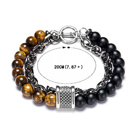 Honeyhandy Natural Tiger Eye Beaded Double Layer Multi-strand Bracelets, with Iron Chains, 7-7/8 inch(20cm)